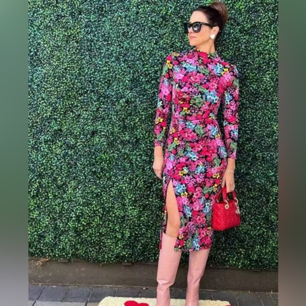 Future Collective Women's Medium Floral Long Sleeve Mock Neck Ruched Dress